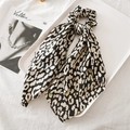 Leopard print satin scrunchie with long ribbon scarf in black and beige colors - Black Dotted Leopard