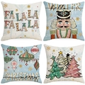 Set of 4 Christmas linen pillow covers with nutcracker and holiday patterns for home decor - Retro Nutcracker