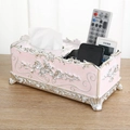 Pink European tissue box with silver floral carving and remote control storage - Multi-functional / Silver Pink