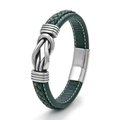 Men's woven leather bracelet in green with silver metal knot and magnetic clasp - Green Leather