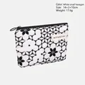 White hexagon print velvet makeup bag with black zipper and compact 14x10cm dimensions - Small Hexagon Bag / White
