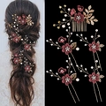 Detail of bridal hair set with burgundy flowers, gold leaves, and pearls on a hair comb - Wine Red 5-Piece Set