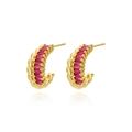 Orecchini a cerchio a C a doppio strato placcati in oro 18K con zirconi rossi e trama - Rosa Rossa