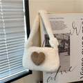 White faux fur shoulder bag with a brown plush heart patch for women in autumn - White