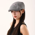 Grey cotton newsboy hat with pink embroidered bow for women, sweet minimalist beret style - Gray