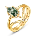 Golden S925 silver double-band ring with hexagonal green moss agate and zircons - US 7 / Hexagonal Cut Style (RG022769) / Gold