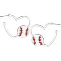 Silver heart hoop earrings featuring unique baseball charms and polished metal finish - Baseball