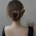 Golden tulip hair pin with white pearls and tassels worn on model in traditional style - F0256 Gold