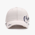Distressed beige baseball cap with blue Cloud embroidery and frayed vintage brim detail - Adjustable / White
