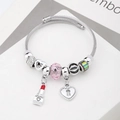 Bracciale a spirale argento con perle rosa, ciondoli a cuore e pendente a forma di rossetto - C1-017 Rosa