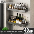 Gunmetal grey 2-tier kitchen spice rack with 10 hooks and wall-mounted 40cm design - Gun Grey Rack 40cm - Double Layer 10 Hooks