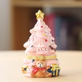 Pink ceramic Christmas tree jewelry box with brown teddy bear and gift box details - Container Only / Pink