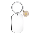 Polished stainless steel rectangular dog tag keychain with a small daisy charm detail - Sunflower Charm