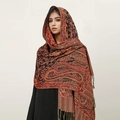 Detailed paisley pattern on dark brown cashmere-feel shawl with elegant tassels - T368-04 Dark Brown