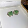 Close-up of square emerald green stone earrings with micro-set zircon crystals in gold - Square Crystal Zirconia Stud Earrings (74# Silver Earring Post)