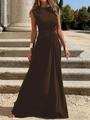 Elegant dark brown sleeveless maxi dress with a twisted waist design and round neckline - S / Top And Bottom / Brown