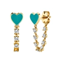 Elegant gold heart earrings with turquoise enamel and sparkling tassel crystal drops - Teal Heart Tassel / Turquoise Green