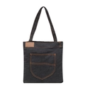 Retro schwarze Denim-Tragetasche mit orangefarbenen Nähten und großer Vordertasche - Schwarz