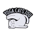 Cute white yoga cat enamel pin featuring cartoon cat stretching with yoga text logo - Yoga Cat-YOGA CATS
