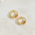 Golden chain textured hoop earrings with pink enamel smiley face charm for women - Rose Red (ES2227)