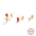 Three-piece S925 sterling silver earring set with red and pink crystals in gold plating - Three-Piece Set / Gold - Rose Red and Pink Zirconia