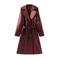 Women's burgundy long faux leather trench coat with lapels and waist belt in high quality - XS / Tops / Burgundy