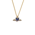 Gold angel wing pendant necklace featuring a deep blue heart-shaped gemstone on white - Blue