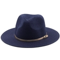 Navy blue straw fedora hat with a champagne gold metallic band for sun protection - M (56-58cm) / Navy Blue