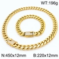 Ensemble collier et bracelet maille cubaine 12mm dorée avec boucle sertie de cristaux - Ensemble Doré (KS201537-KFC)
