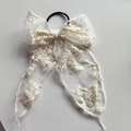 Off-white lace embroidered bow hair clip with elegant floral mesh and long ribbons - White Hair Tie