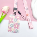 Floral ID card holder with pink and blue flowers and matching lanyard wristlet - Pink Flower Lanyard / Pale Blue