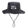 Black washed canvas bucket hat with mountains embroidery and adjustable chin strap - Black Washed Canvas / Black