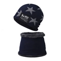 Detail of warm winter knit beanie and neck warmer set with star embroidery and fleece lining - Star Set Navy Blue