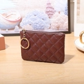Dark brown quilted PU leather coin purse with golden zipper and key ring keychain - Coffee