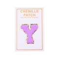 Close-up of purple chenille letter Y patch with gold sequin border and peel and stick back - Letter Y / Purple