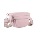 Pink semi-circle crossbody bag with litchi texture and embroidered wide strap - Pink