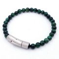 Dark green tiger eye beaded bracelet for men with brushed titanium steel clasp - Deep Green Stone Style (KB204630-SJ)
