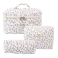 Three-piece quilted cotton makeup bag set with purple floral pattern in white - Purple Peacock Flower