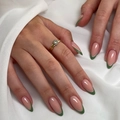 Elegant long almond press-on nails with green French tips and a glossy nude base - Bz1487 Gentle Breeze And Bright Moon / Jelly Glue + Nail File