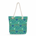 Teal nurse tote bag with medical stethoscope print and rope handles for daily travel - Cyan-green Heart Stethoscope Print Style (ms4557)