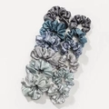 Flat lay of 12 silk-textured scrunchies in gradient blue and grey tones on white background - Cyan Grey (12Pcs-6L+6S)
