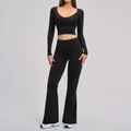 Two-piece black yoga set with long sleeve crop top and high-waisted flare leggings - 3109 Long-sleeved Top + 3109 Flared Pants — High-end Black