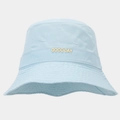 Detail of light blue bucket hat featuring waterproof fabric and GOOD DAY leather patch - Light Blue