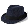 Close-up of navy blue woven fedora hat texture with classic black fabric band detail - Navy Blue