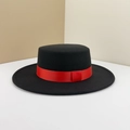 Detailed view of black flat top boater hat featuring a vibrant red grosgrain ribbon - M (56-58cm) / Black (Red Ribbon)