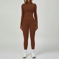 Conjunto de yoga marrón oscuro con top con cremallera de manga larga y leggings altos - S / 6116 Manga Larga + 6116 Leggings / Marrón Arena