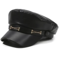Classic black PU leather baker boy hat with gold chain accent and flat top design - One Size 58cm / Black Flat Top Chain Style