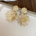 Detail of champagne chiffon flower earrings with textured gold studs and radial spike accents - Silver Pin Gold White / White
