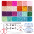 Detailed 24-color glass seed bead DIY kit with scissors, tweezers, and jewelry findings - 24 Grids Set 2