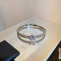 Macro detail of silver luxury bangle with sparkling pavé zircons and U-shaped clasp - Silver Horseshoe Buckle Large (6#)